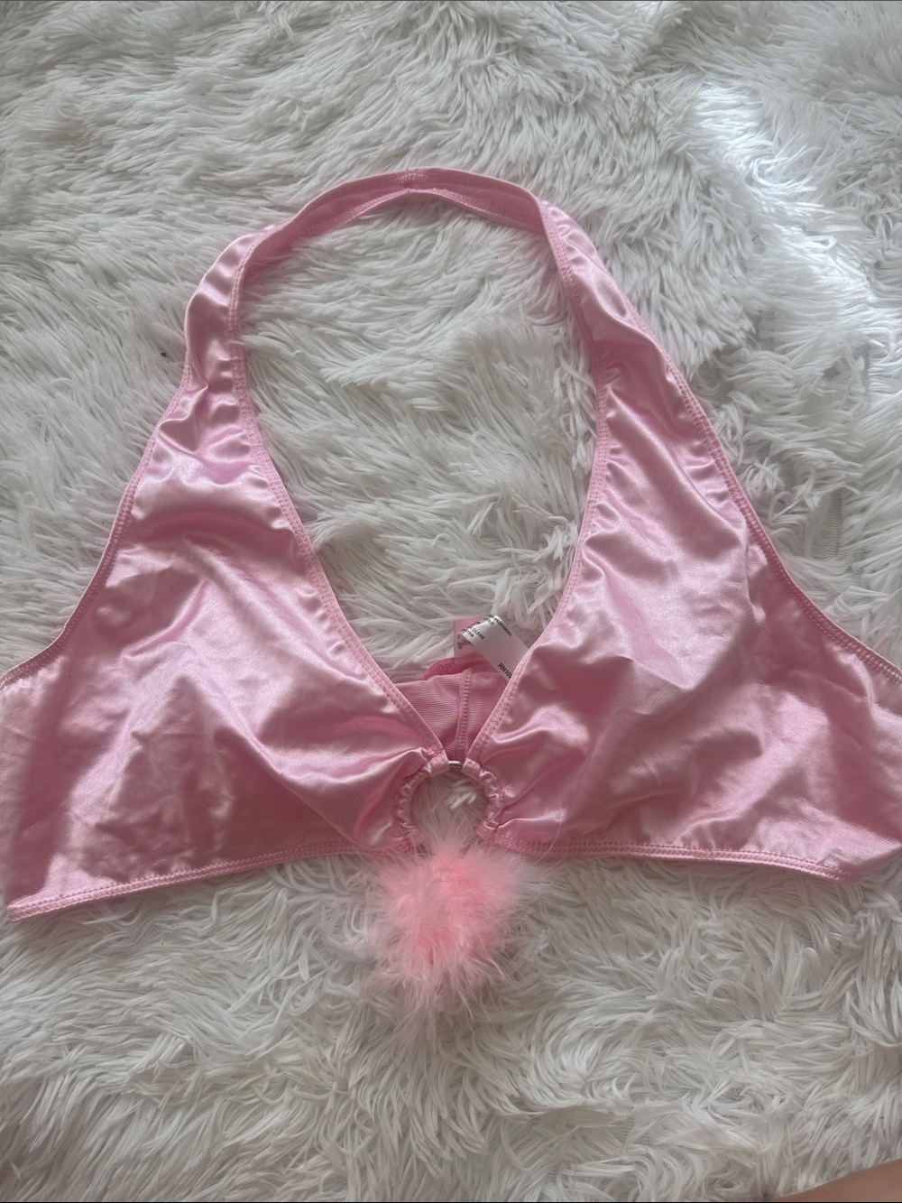 Sugar Thrillz Pink silky Satin Halter Bralette with Feather Pom Accent